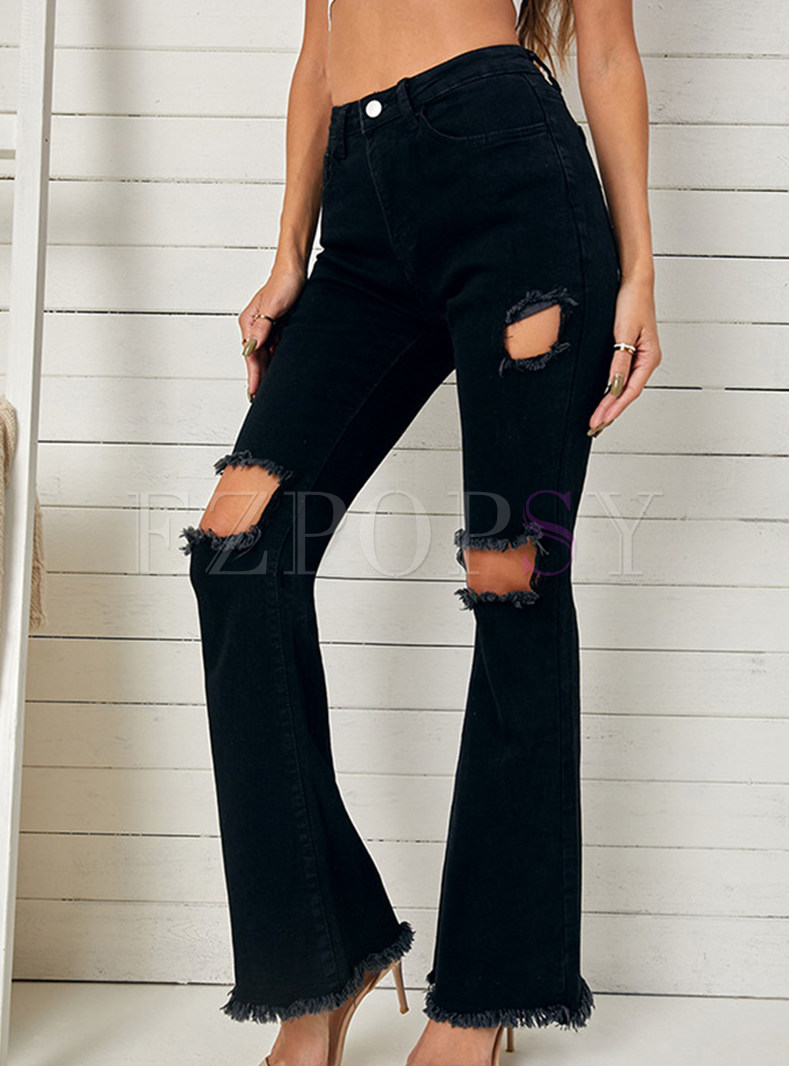Black Bell Bottom Jeans High Waisted Flare Jeans Ripped Stretchy Bell Bottoms Pants
