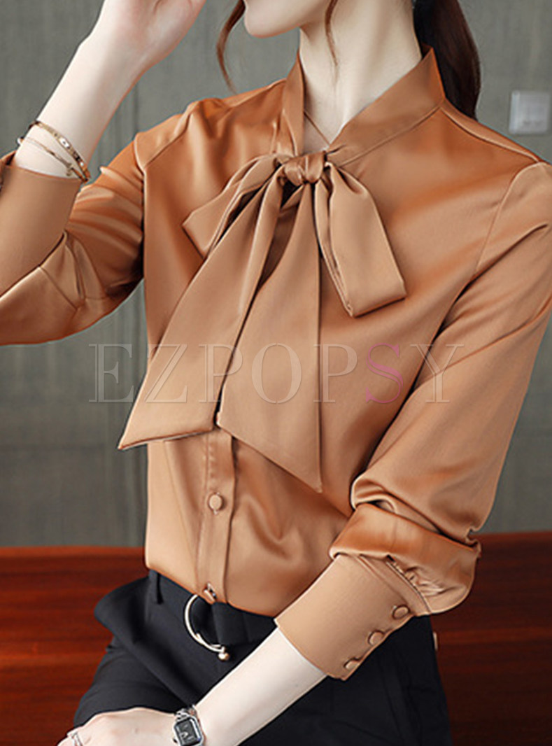 Elegant Long Sleeve Bow Chiffon Blouse Top