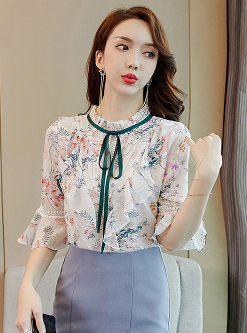 Floral Fashion Short Sleeve Lapel Fungus Side Tops Blouse