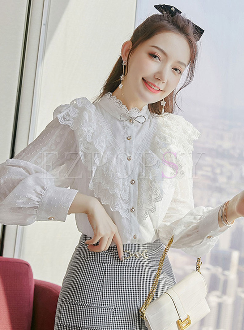 Fresh Long Sleeve Standard Collar Lace Blouse Tops