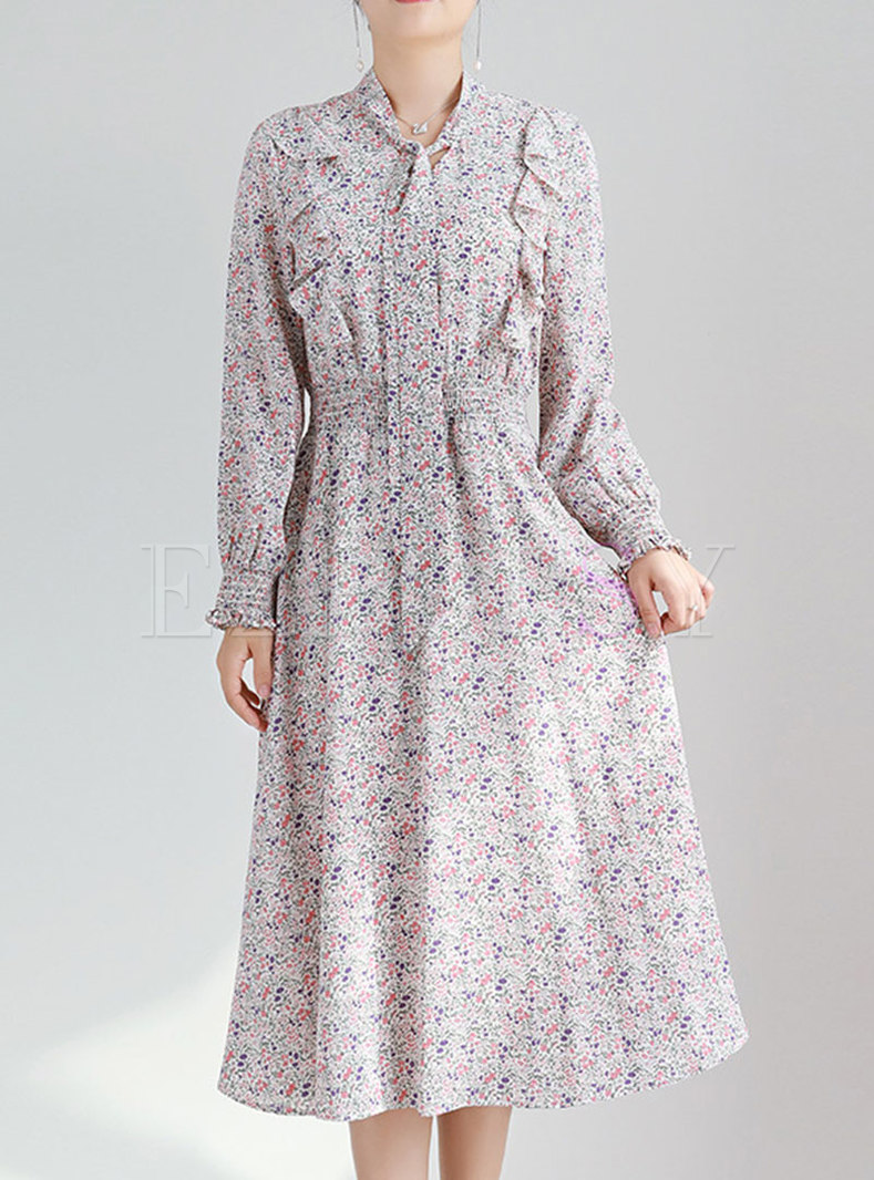 Women Elegant Long Sleeve Printed Midi Dress
