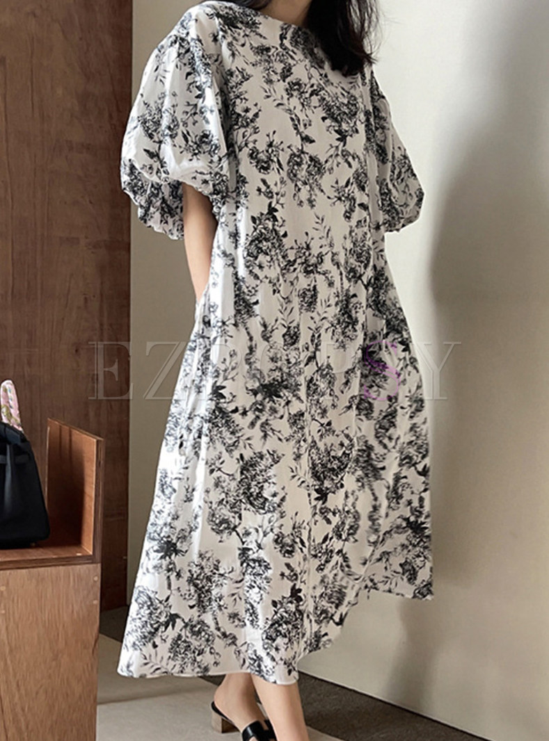 Vintage Puff Sleeve Printed Long Casual Dress