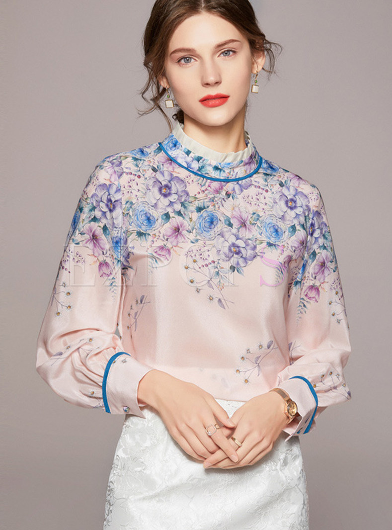 Women's Elegant Printed Stand Collar Long Sleeve Blouse