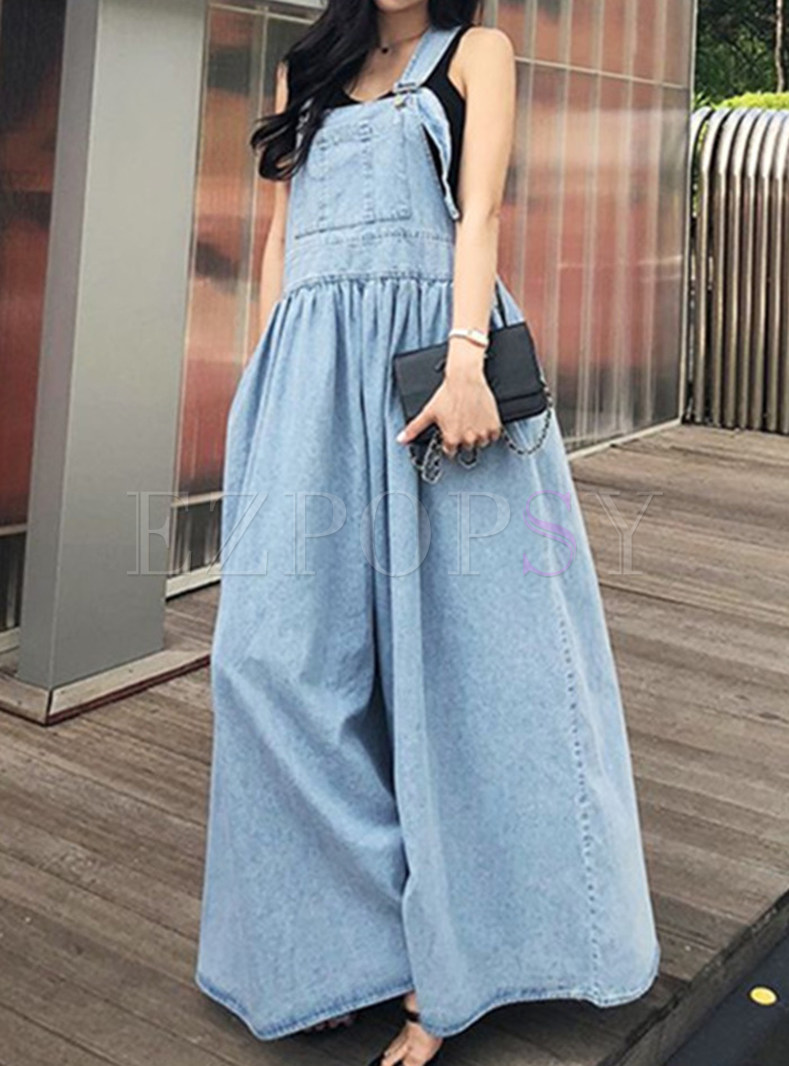 Dresses | Maxi Dresses | Square Neck Long Bib Denim Maxi Dresses