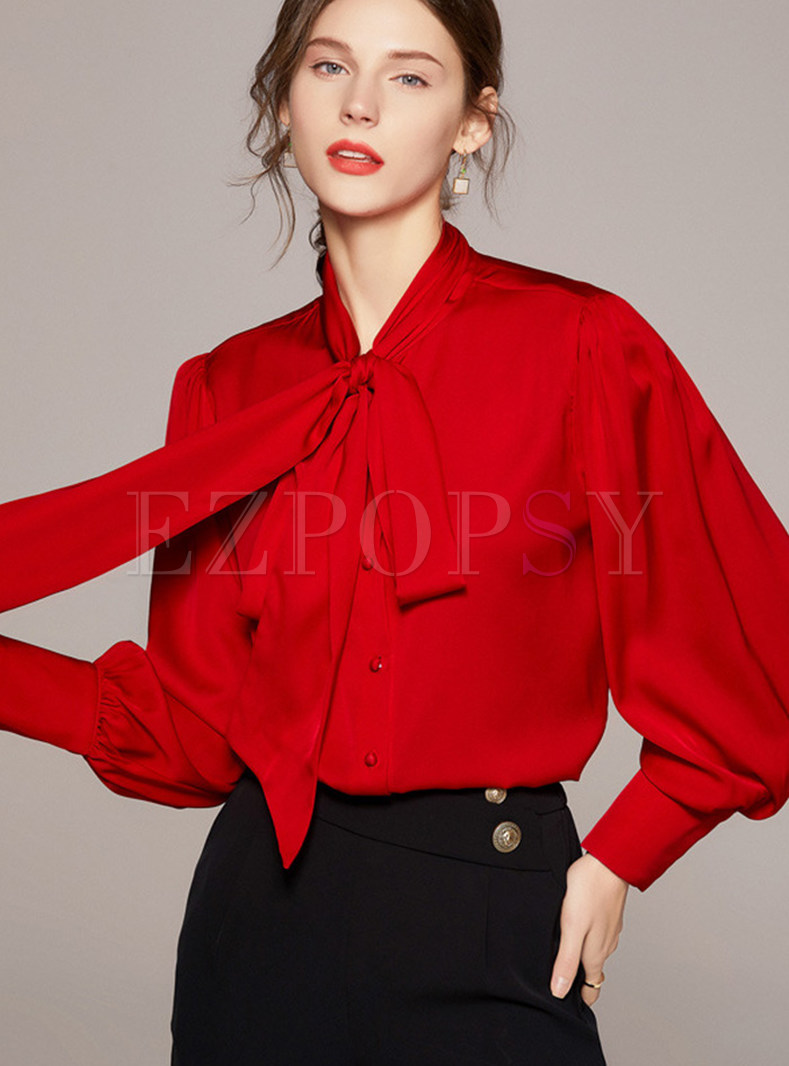 Silk Bow Tie Neck Blouse for Women
