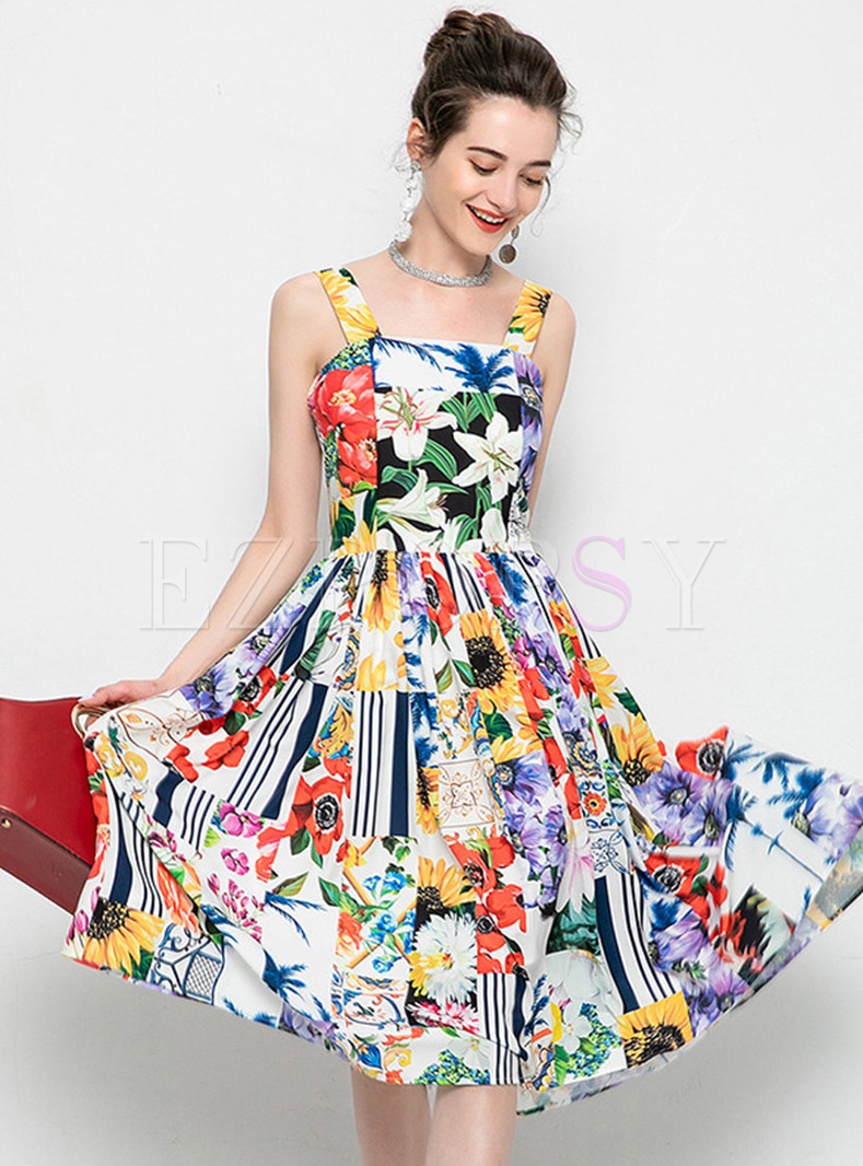 Sweet Floral Print A Line Big Hem Slip Dress
