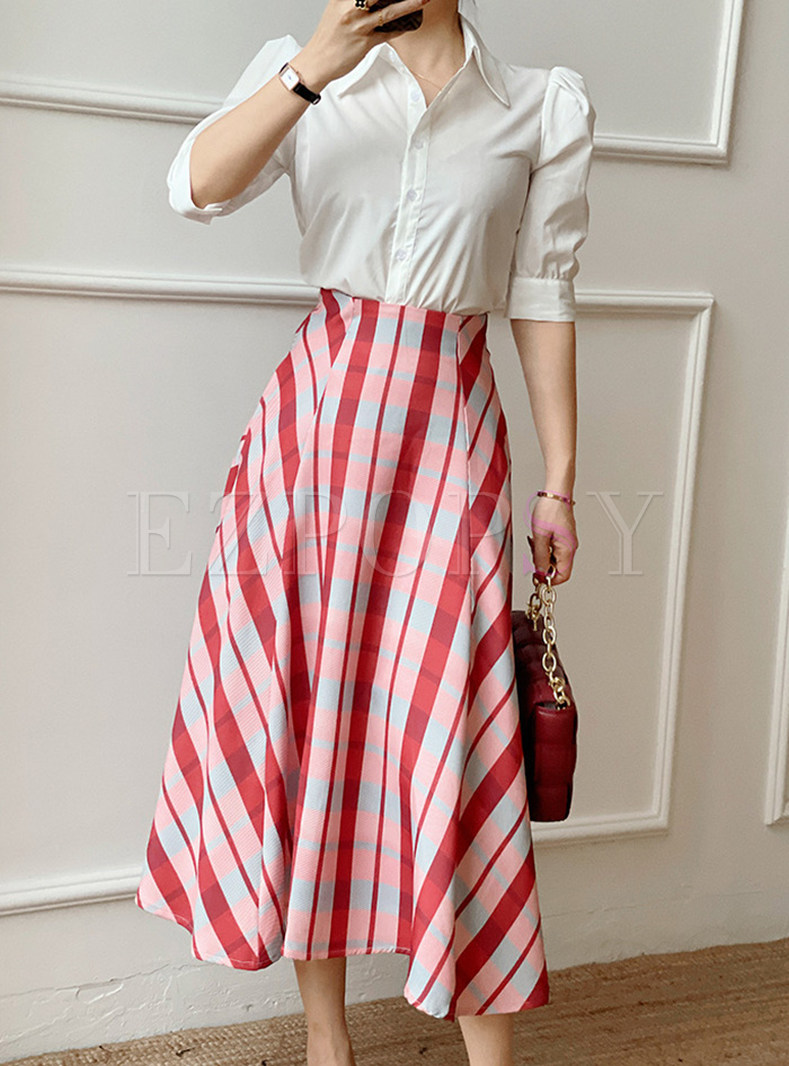 Half Sleeve Slim Blouses & Plaid A-Line Skirts