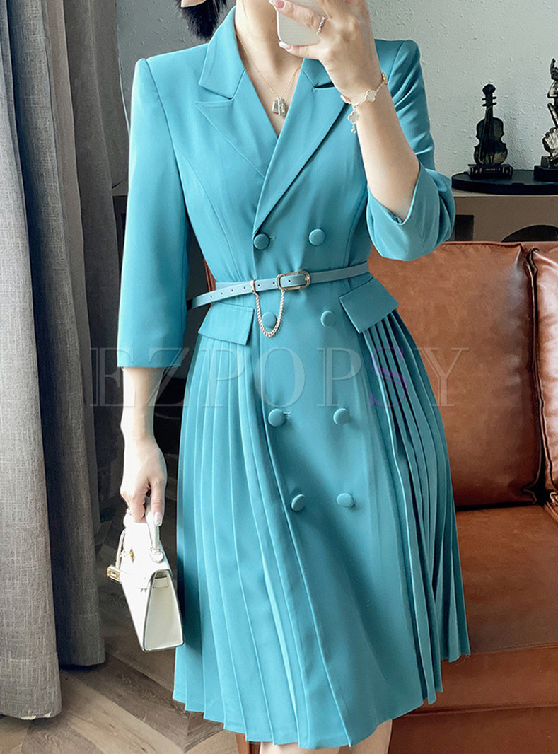 Elegant Double-breasted Pleated Blazer Dresses with Belt