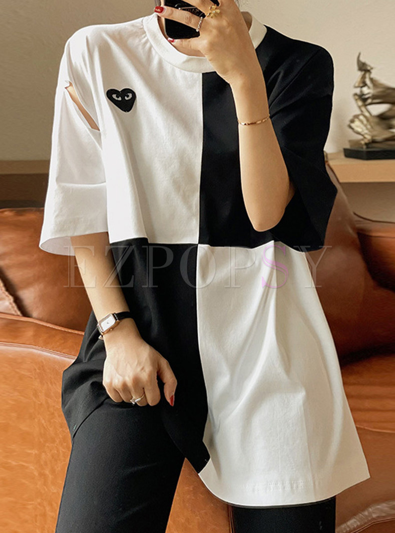Short Sleeve Color-blocked Loose Tee Top for Women