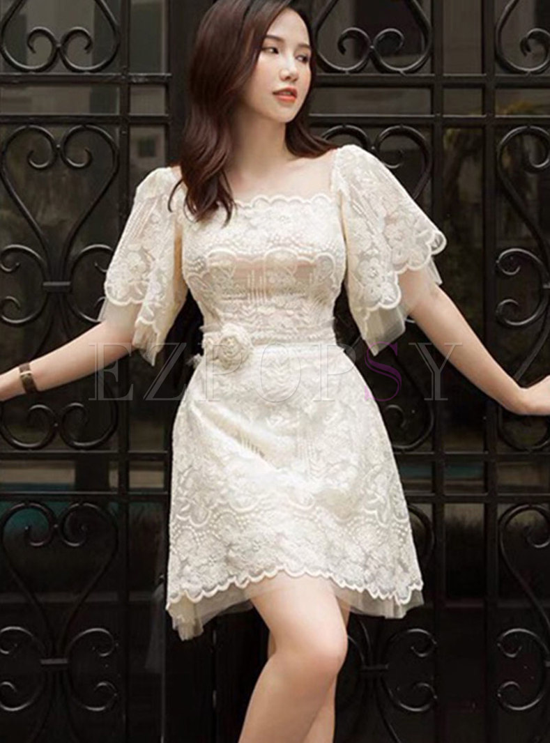 Summer Square Neck Ruffle Sleeve Lace Skater Dress