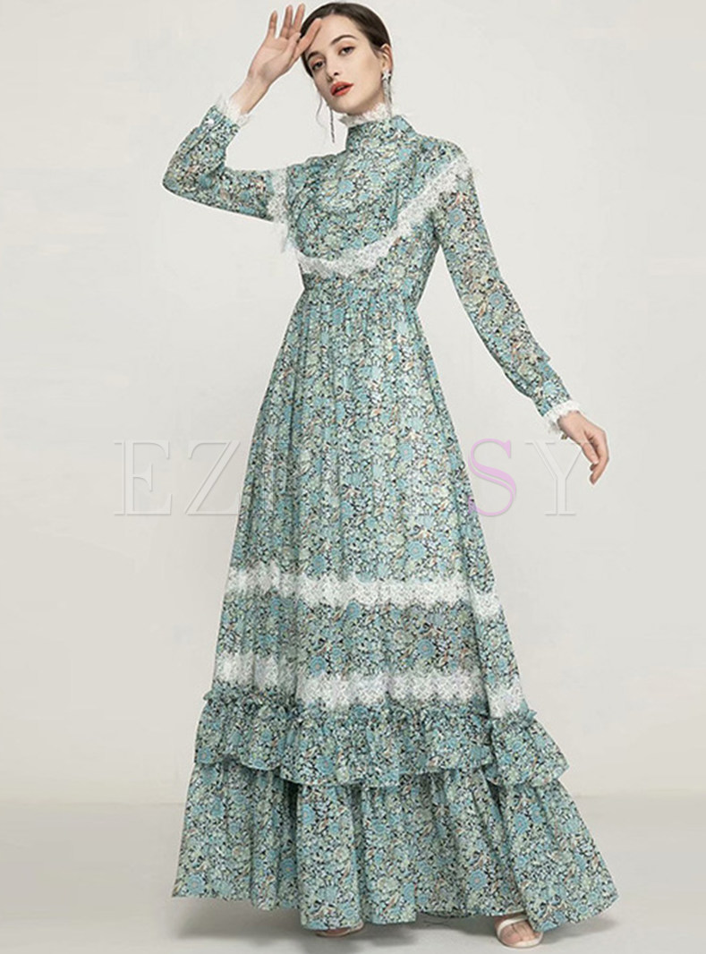 Vintage Floral Print Mock Neck Big Hem Long Dress