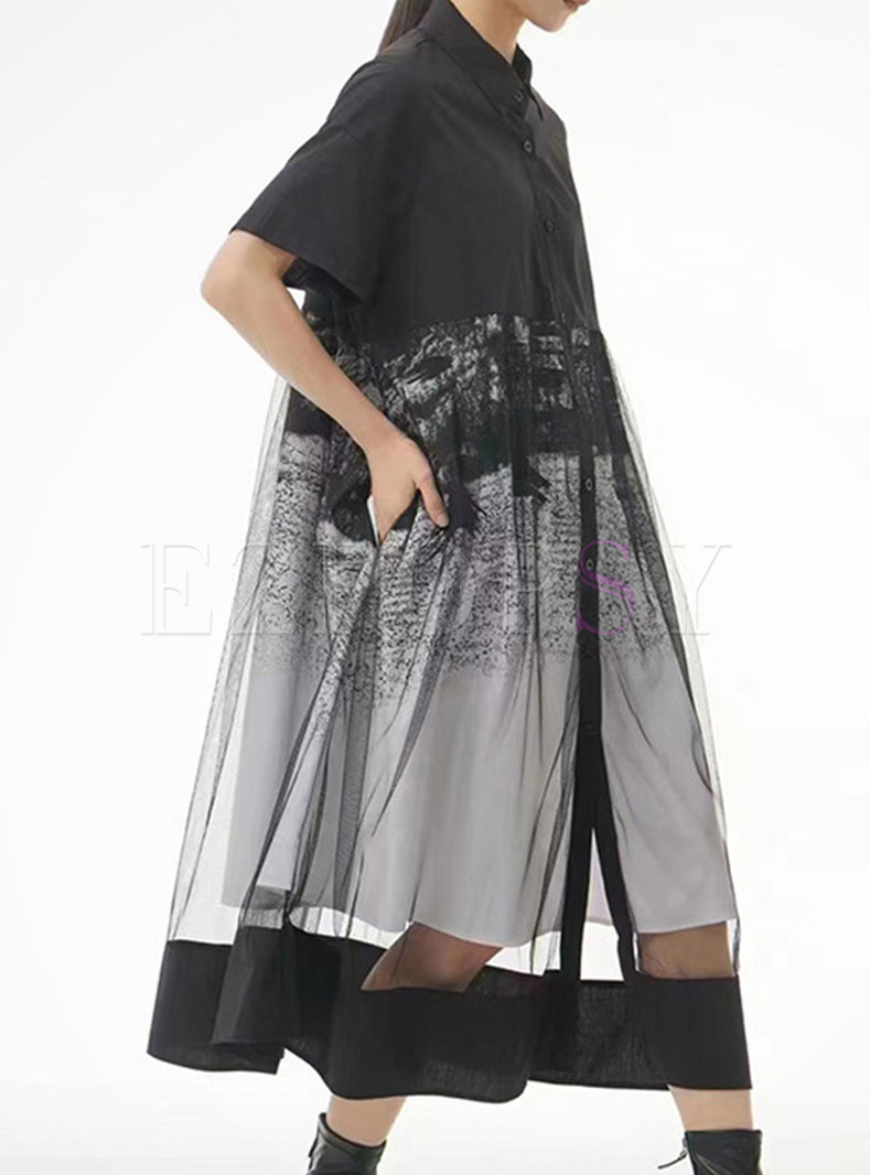 Black Print Mesh Patchwork Plus Size Shirt Dresses