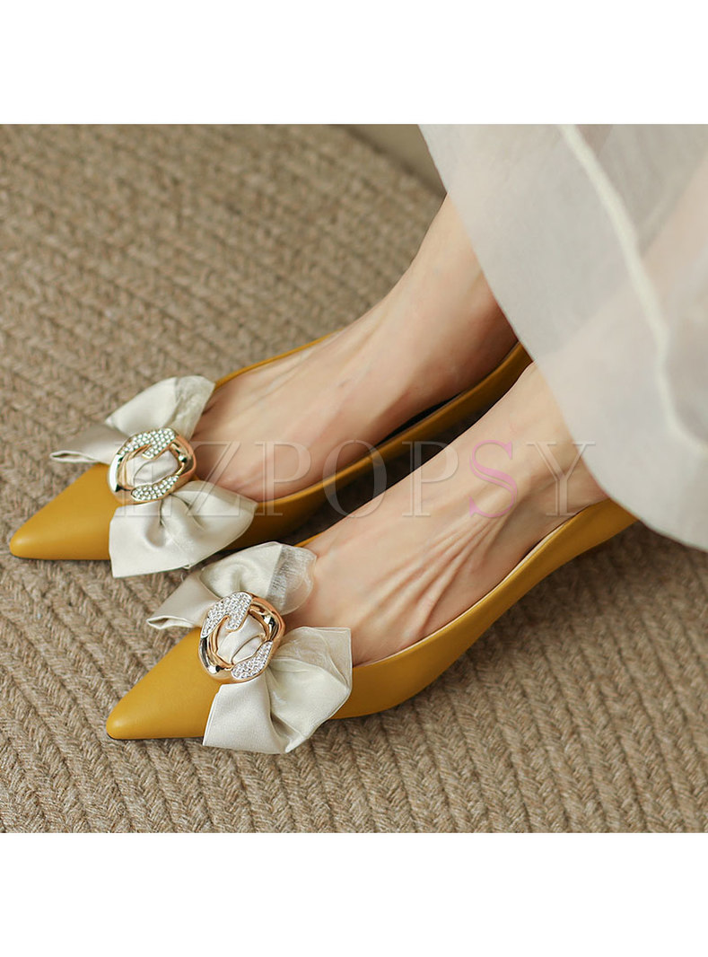 Women Bow Pointed Toe Slip on Flat Shoes