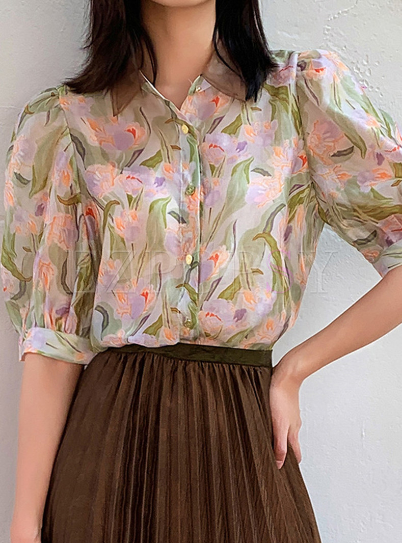 Women's Mesh Puff Sleeve Floral Print Shirts Tops