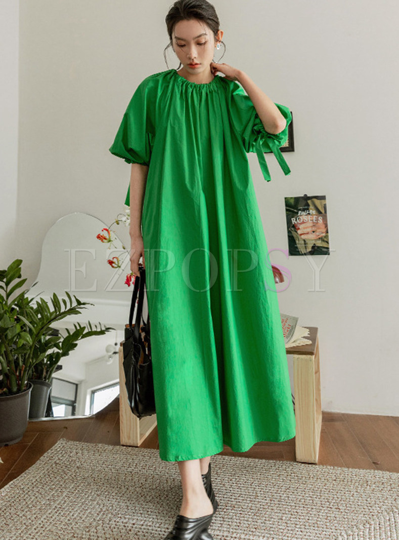 Crew Neck Solid Long Pleated Dresses