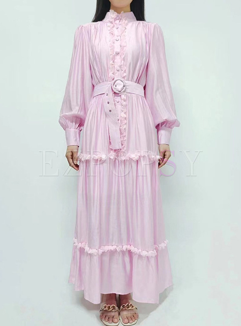 Fashion Puff Sleeve Button Down Pleated Layer Frill Dress