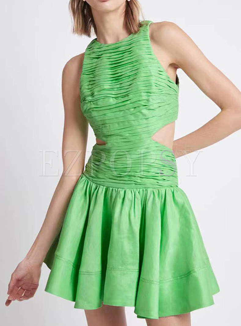 Sleeveless Smocked Shirred Midriff Waist Mini Dresses