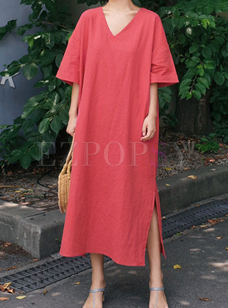 Summer V-Neck Short Sleeve Linen Midi Dress