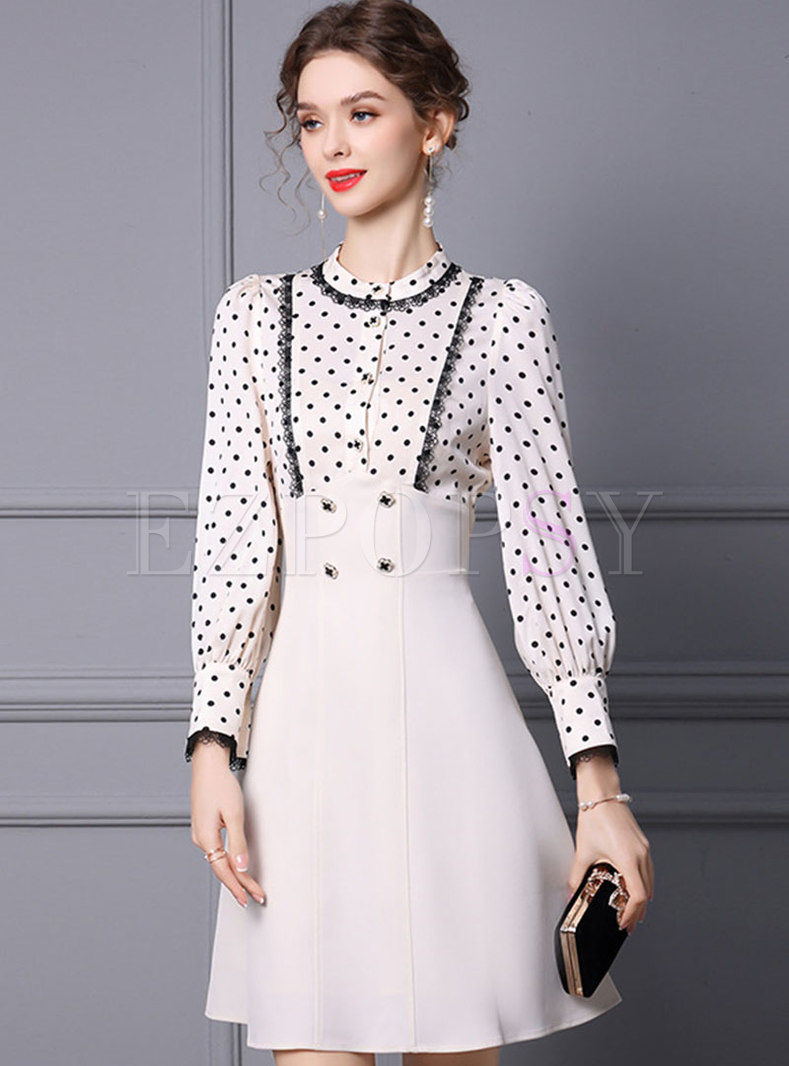 Women Long Sleeve Dot Print Mini Office Dress