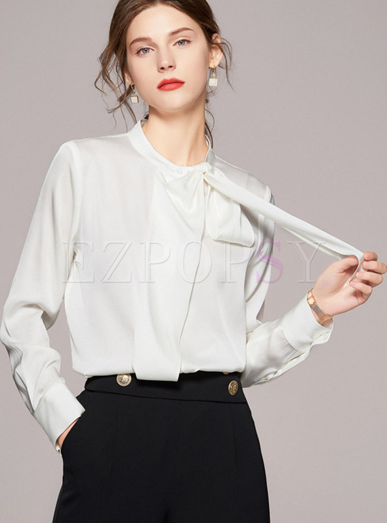 Women Elegant Bow Tie Neck Silk Work Shirt