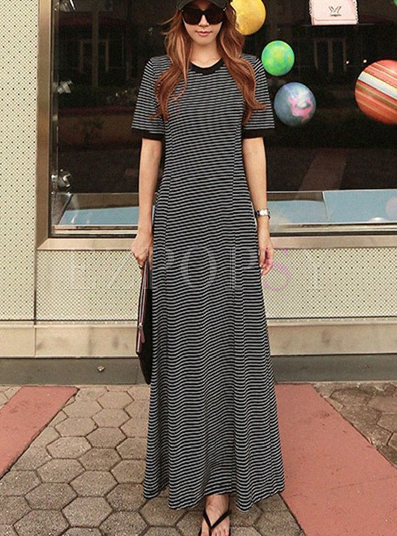Women Short Sleeve Striped Casual Maxi Cotton Dress