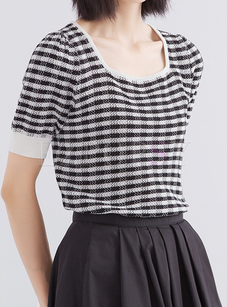 Square Neck Plaid Short Sleeve Knit Tops for Women
