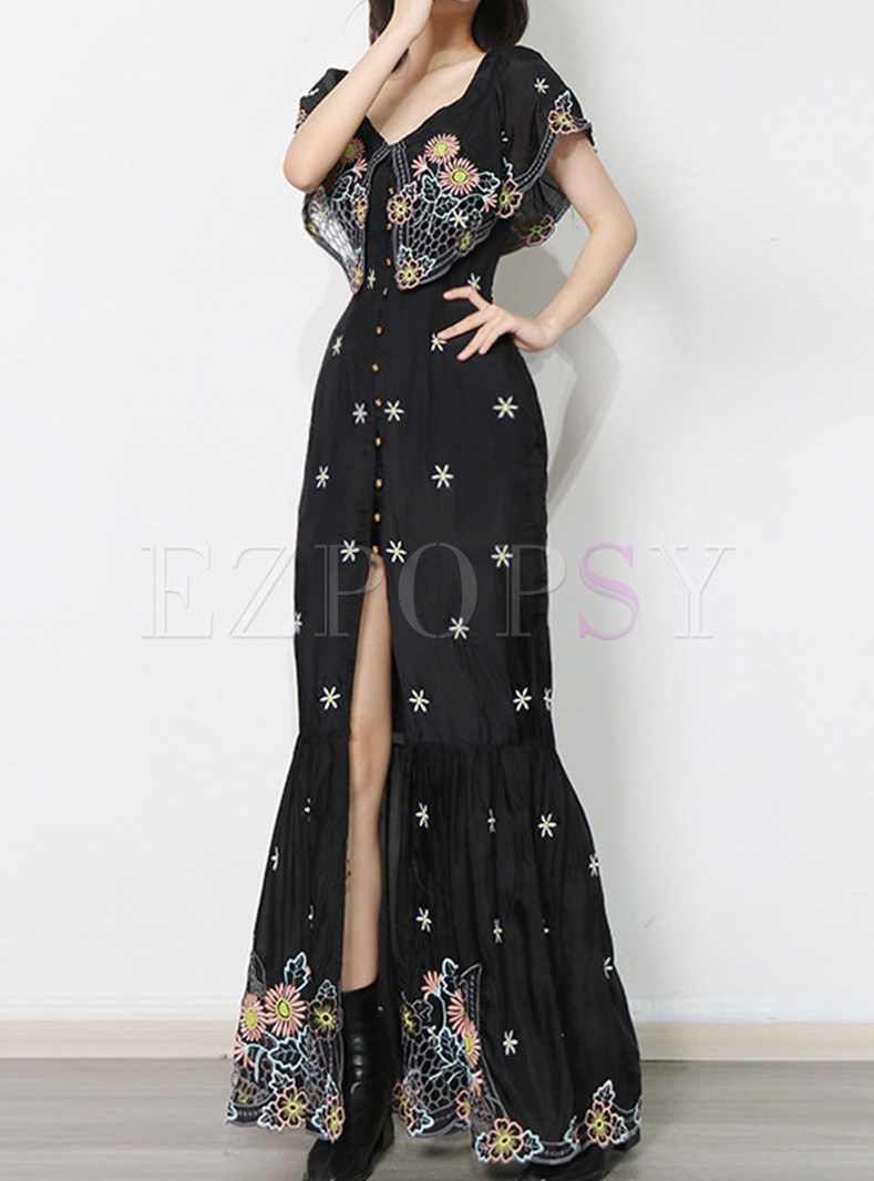 Sexy Flowers Embroidered Cut Out Long Prom Dresses
