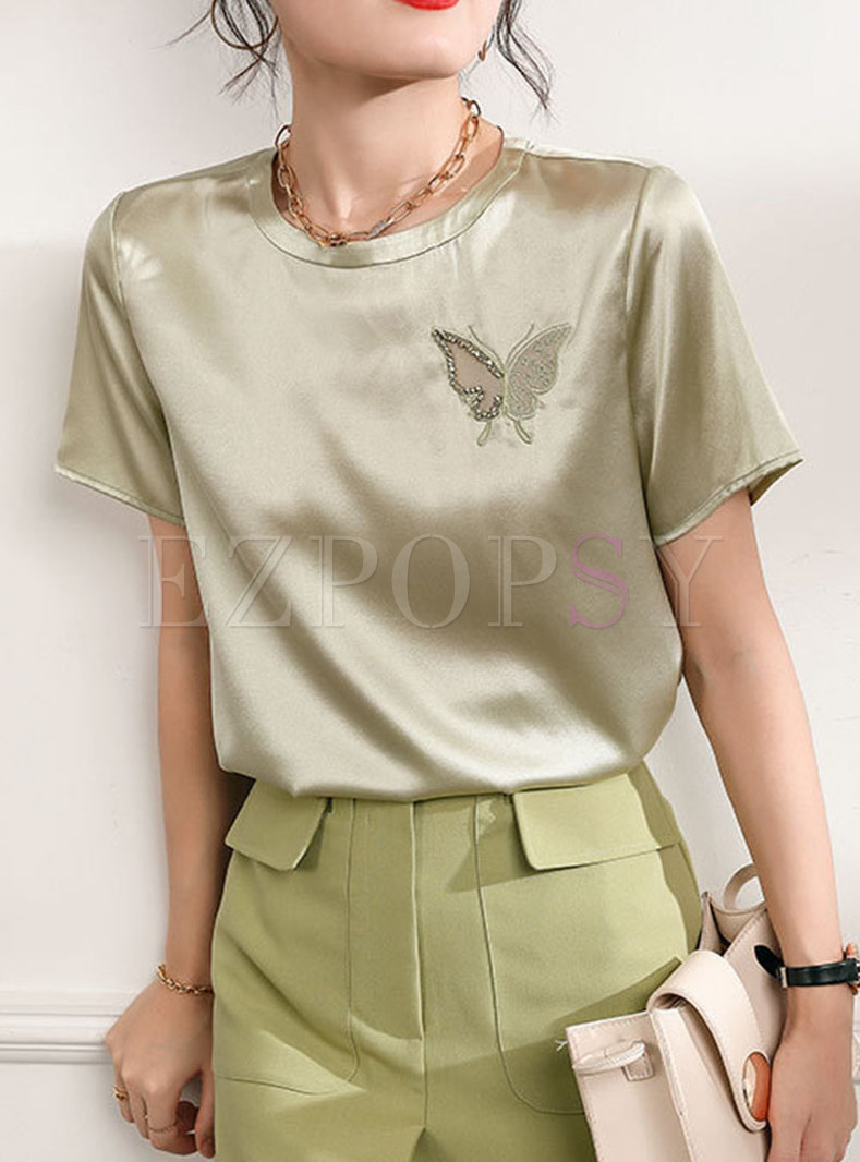 Women Short Sleeve Silk Butterfly T-shirt