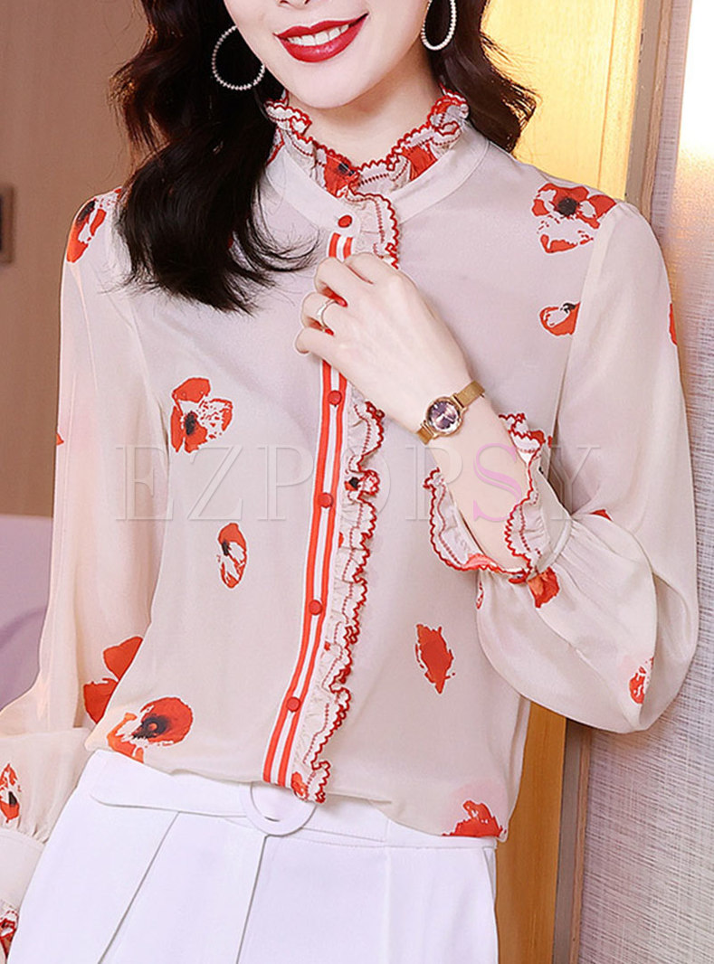 Women Long Sleeve Loose Contrasting Colors Blouse