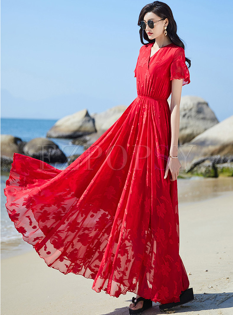 V-Neck Elasticated Waist Red Maxi Dresses