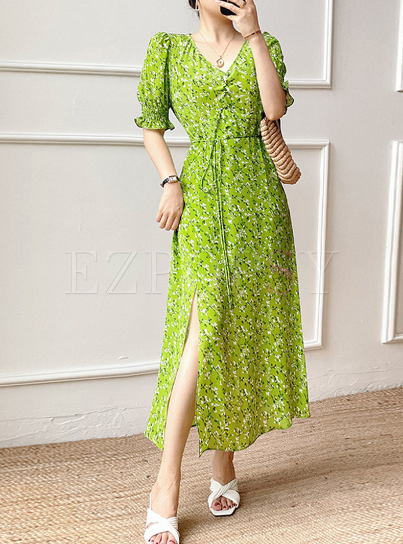 V-Neck Floral Print Silk Maxi Dress