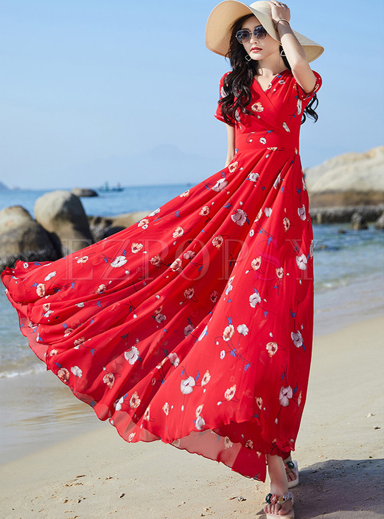 Pretty V-Neck Floral Big Hem Beach Dresses