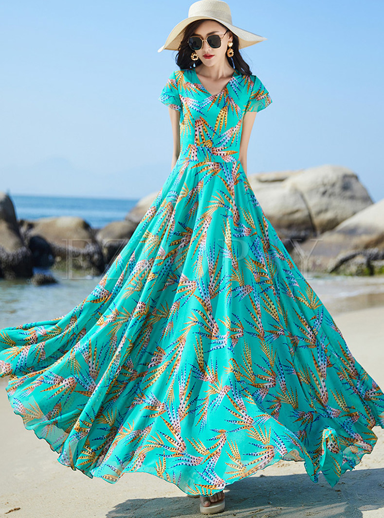 V-Neck Print Big Hem Oversize Beach Dresses