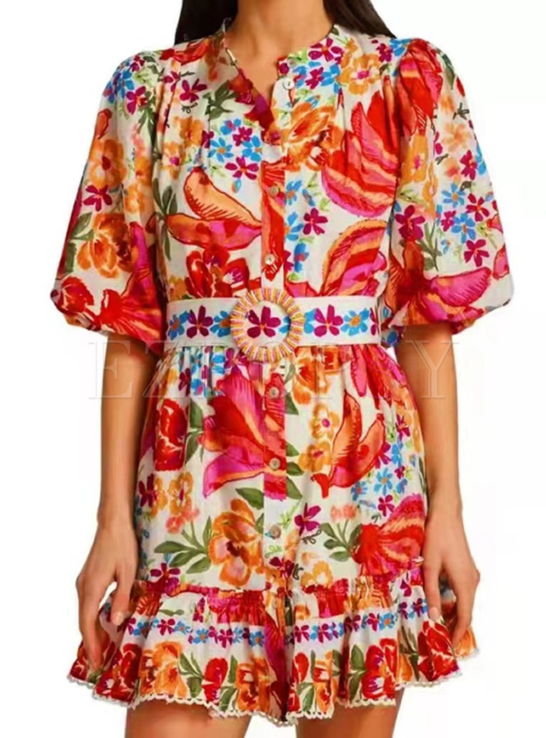 Summer Single-Breasted Floral Print Short Dresses