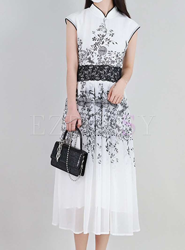 Elegant Chiffon Print Cheongsam Midi Dresses