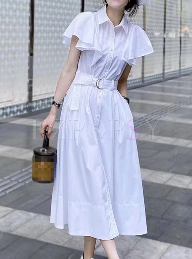 Shirt Collar Single-Breasted White Midi Dresses