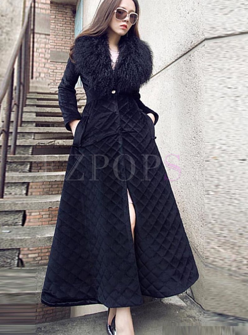 Faux fur gathered waist quilted long coats