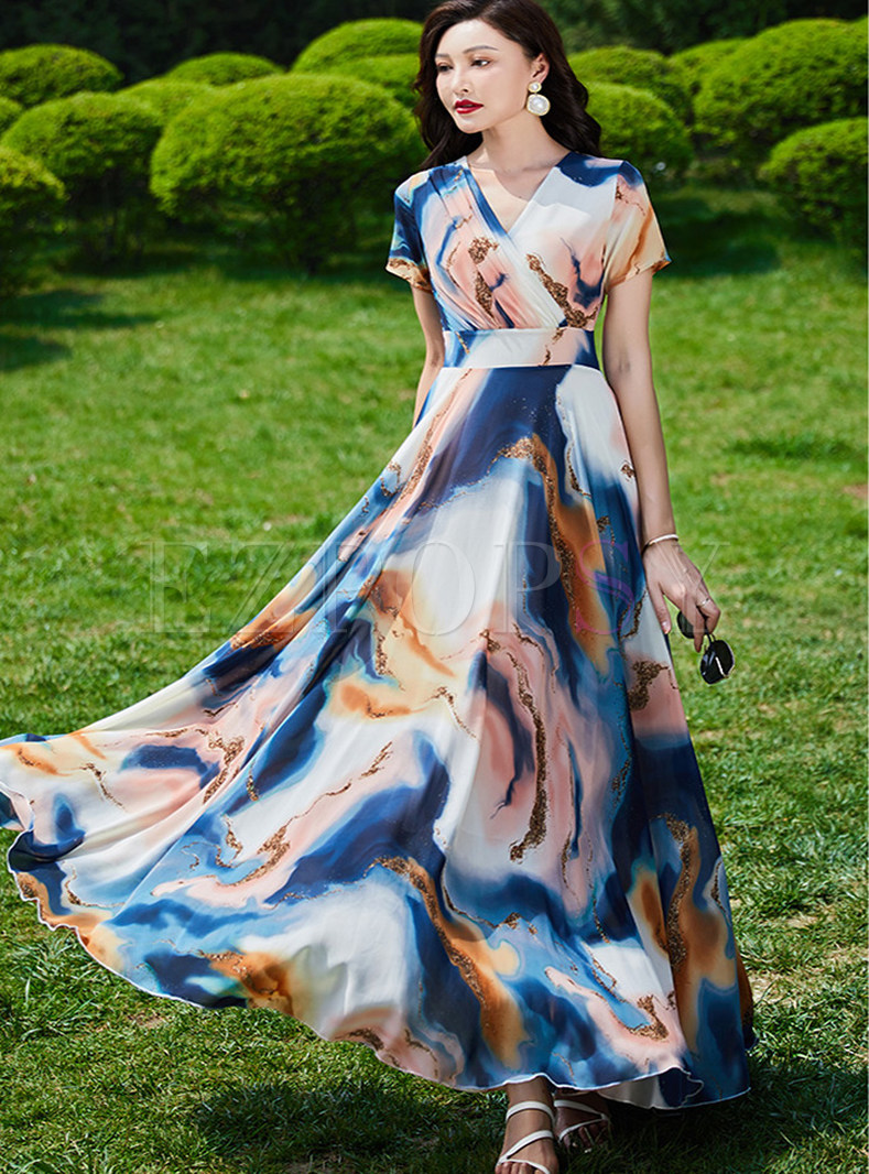 Summer Chiffon Print Big Hem Long Dresses