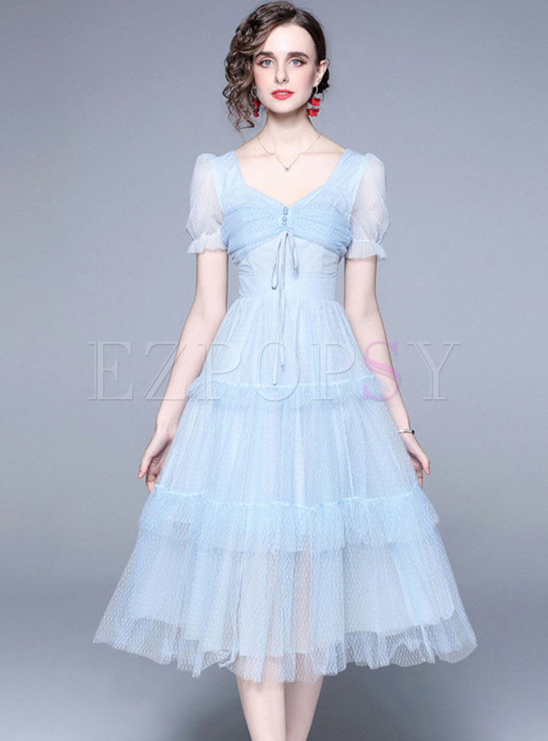 Mesh Puff Sleeve Draw Front Party Dresses