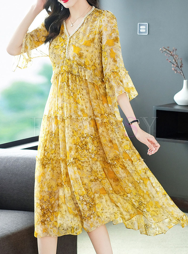 Summer Floral Silk Yellow Ddress