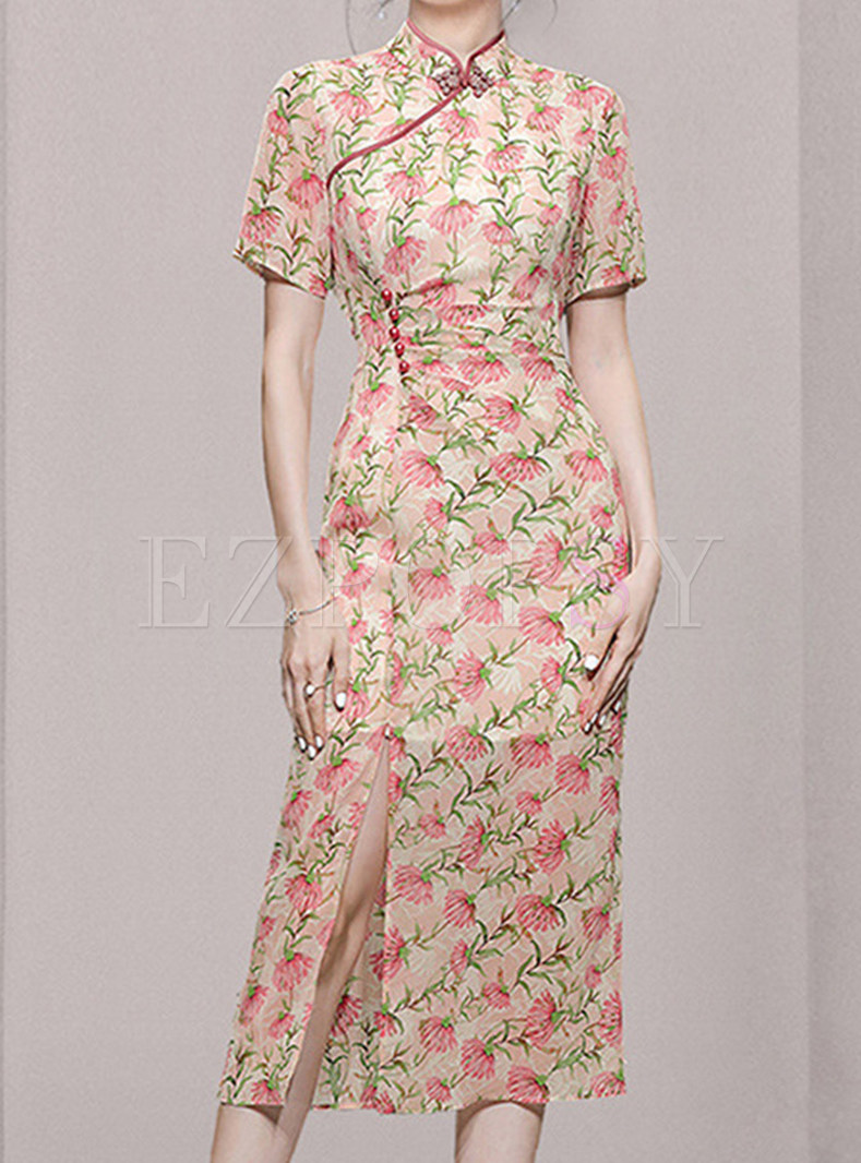 Vintage Short Sleeve Floral Print Cheongsam Dresses