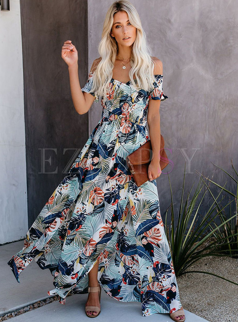 Summer Off-The-Shoulder Allover Print Maxi Dresses