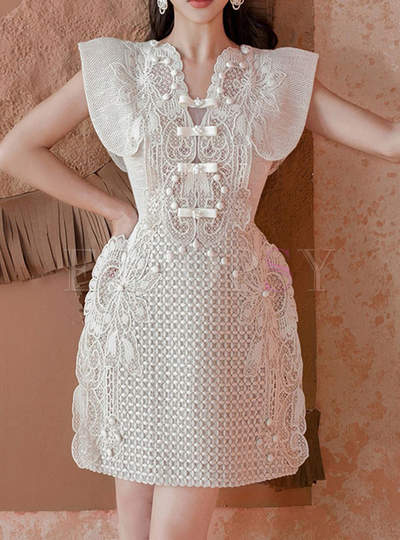 Sweetie Openwork Flutter Sleeve White Short Dresses