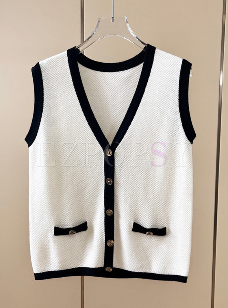 Women's V-Neck Single-Breasted Patchwork Knitted Tank Top