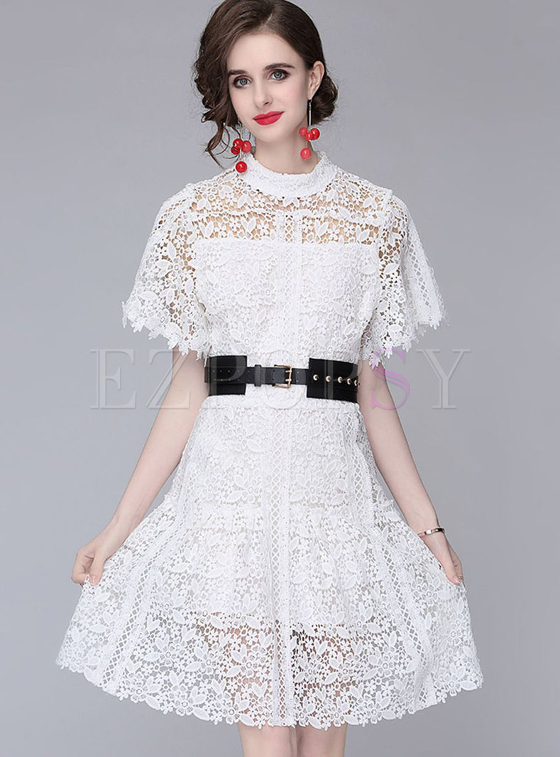 Lace Short Sleeve Mini Short Dress