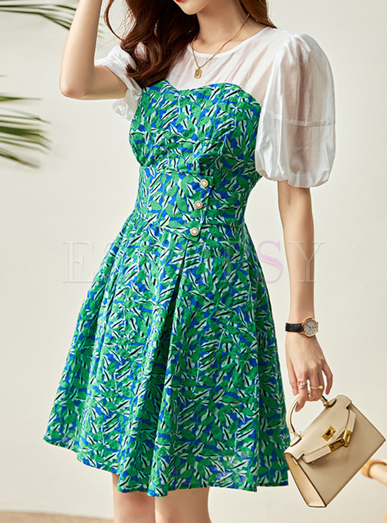 Puff Sleeve Mesh Splicing Floral Dresses