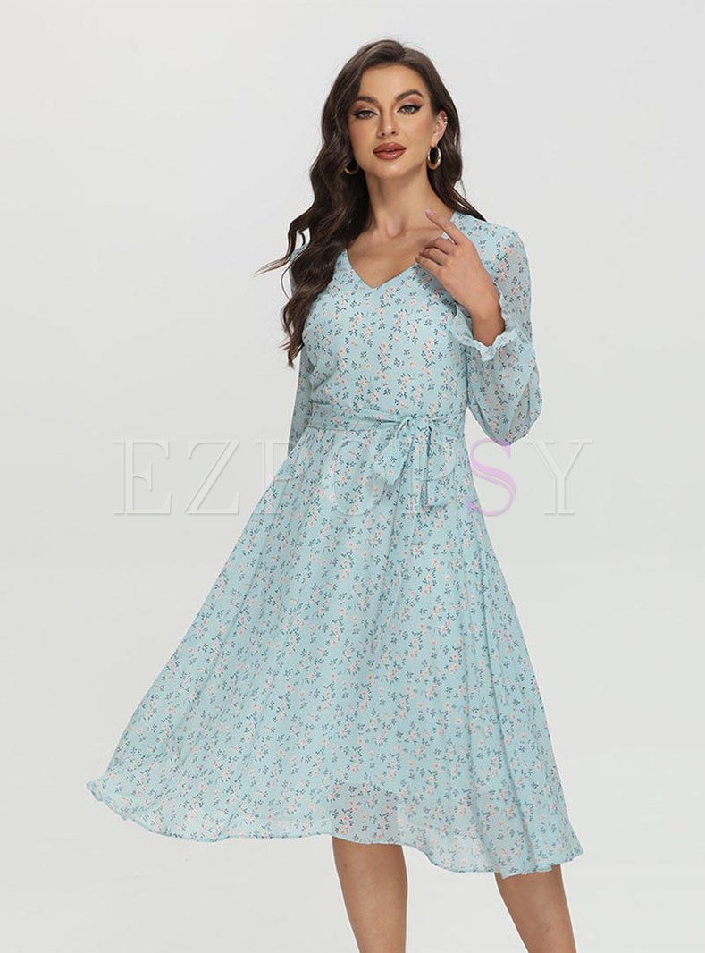 Floral sweet flare sleeve a-line dresses