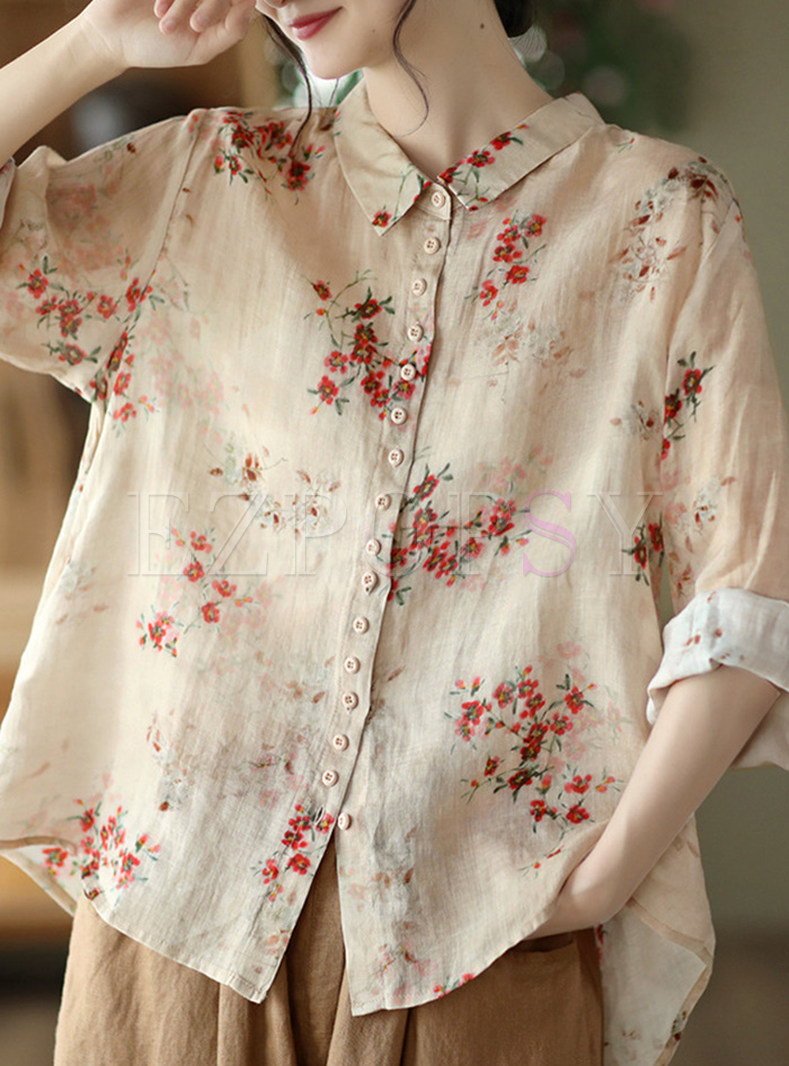 Single-Breasted Floral Print Oversize Linen Tops For Women