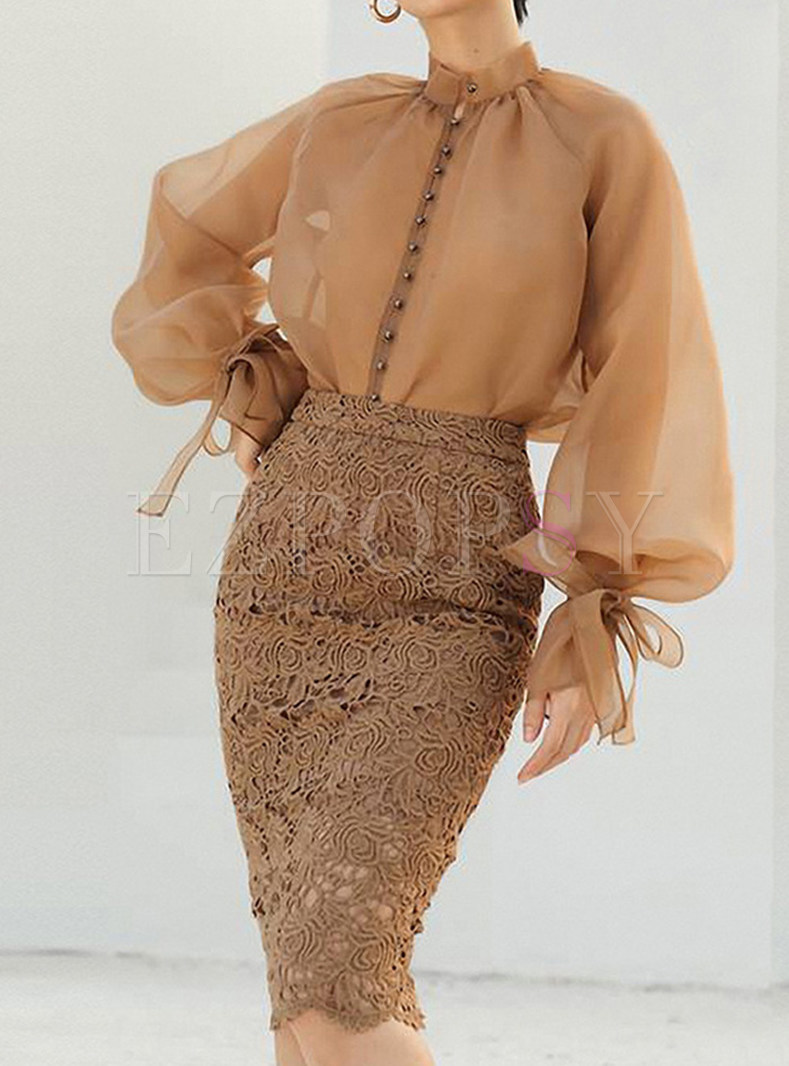 Vintage Lace Lantern Sleeve Skirt Sets