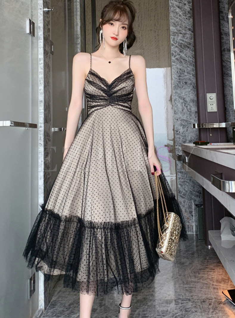 Summer Pleated Mesh Polka Dot Evening Party Dresses